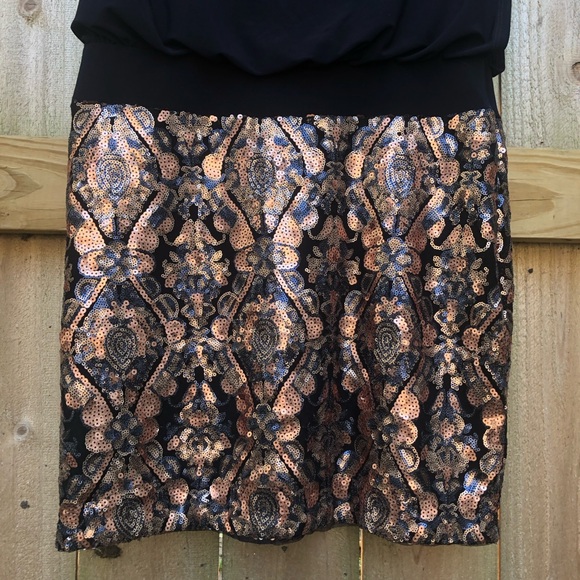 Betsy & Adam Blouson Mini Dress Size 8 Sequin Skirt Black Copper Sleeveless - Picture 3 of 12